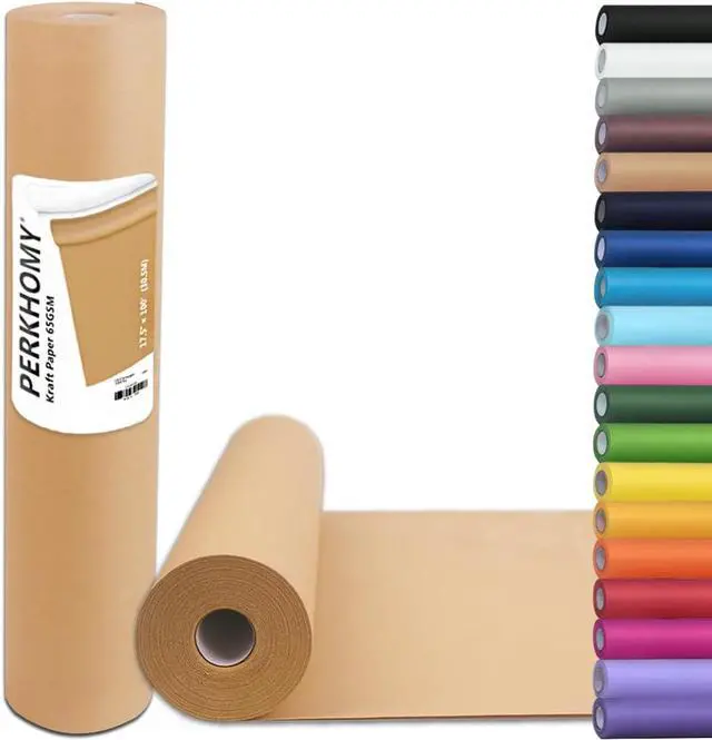 Main image of PerkHomy Brown Kraft Paper Roll 17.5" x 1,200" (100') for Gift Wrapping Bulletin Board Craft Art Bouquet Flower Packing Valentines Easel Moving Shipping Floor Poster Covering Table 70GSM 50LB