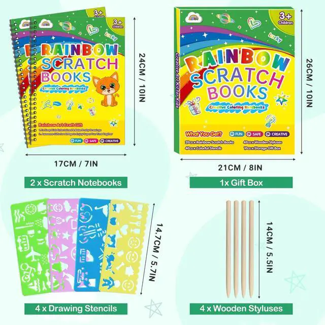 Alt view image 7 of 7 - 2 Pack Rainbow Scratch Paper Notebooks: Art Crafts for Kids Ages 4-8 | Birthday Gift Games for Kids Girls Boys Kits School Party Toys Party Travel Activity