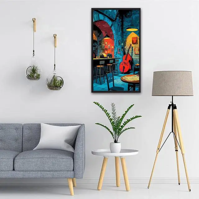 Alt view image 2 of 6 - Large Paint by Numbers for Adults Jazz Club | 15.7x27.5inch/40x70cm Paint by Number Kit on Canvas, Double Bass Music Lounge Acrylic Painting Set with Brushes, No Frame