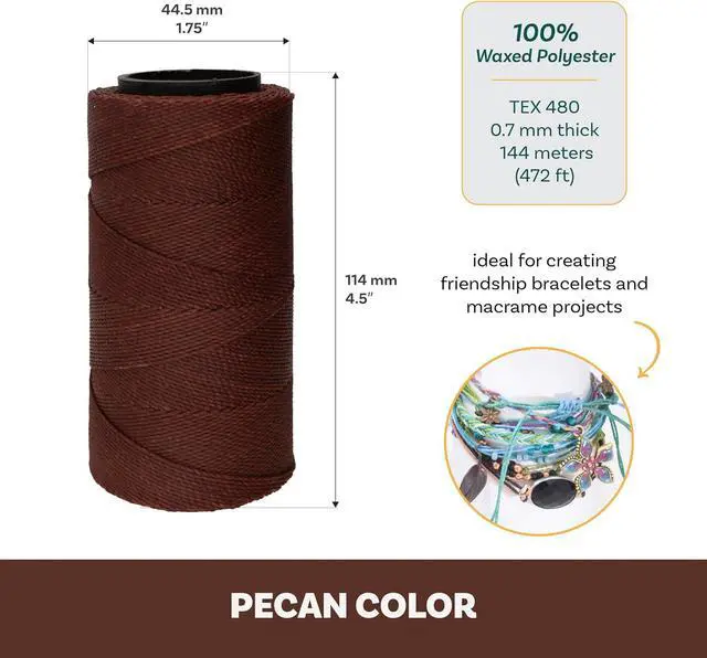 Alt view image 4 of 7 - Knot It Waxed Polyester Cord Pecan Color 0.7mm Diameter Light Wax, 144 Meters (472 Feet) Per Spool Make Jewelry, Macrame, Friendship Bracelets and DIY Crafts