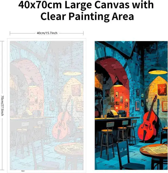 Alt view image 4 of 6 - Large Paint by Numbers for Adults Jazz Club | 15.7x27.5inch/40x70cm Paint by Number Kit on Canvas, Double Bass Music Lounge Acrylic Painting Set with Brushes, No Frame