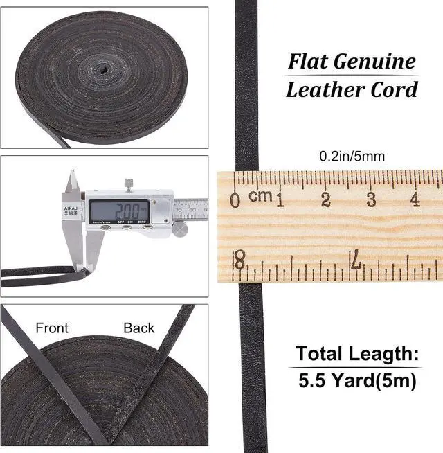 Alt view image 2 of 7 - 5.5Yds 5mm Black Flat Genuine Leather Cord Natural Leather String Lace Strips Full Grain Cowhide Braiding String Roll for Jewelry Making DIY Craft Braided Bracelets Belts Keychains