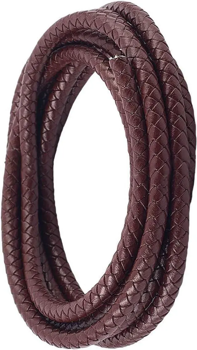 Main image of 2.19 Yards Braided Genuine Leather Cord for Jewelry Making 6MM Round Woven Brown Real Leather String Lace Rope Bolo Cording for Crafting Necklace Bracelets Braiding Beading DIY Projects