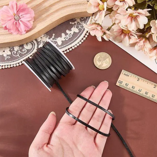 Alt view image 3 of 7 - 10 Yards 3mm Flat Cowhide Leather DIY Cord Rope Genuine Leather Strap Braiding Strip Thread String Lace Cording for Necklace Bracelets Jewelry Making Crafting Wraps Beading(Black)