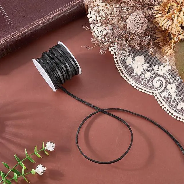 Alt view image 4 of 7 - 10 Yards 3mm Flat Cowhide Leather DIY Cord Rope Genuine Leather Strap Braiding Strip Thread String Lace Cording for Necklace Bracelets Jewelry Making Crafting Wraps Beading(Black)