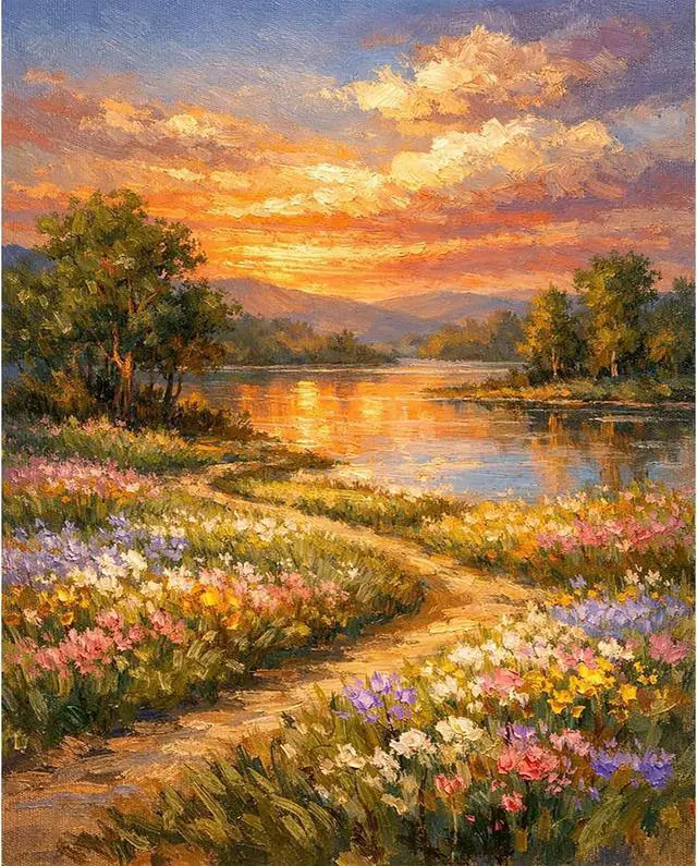 Main image of Sunset Paint by Numbers Kit for Adults Without Frame 16x20 in | Lake Landscape Adult Paint by Number Kits on Canvas, DIY Acrylic Painting, Stress Relief Craft Kits, Home Wall Decor Gift