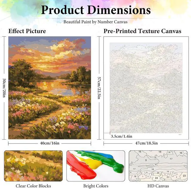 Alt view image 3 of 7 - Sunset Paint by Numbers Kit for Adults Without Frame 16x20 in | Lake Landscape Adult Paint by Number Kits on Canvas, DIY Acrylic Painting, Stress Relief Craft Kits, Home Wall Decor Gift