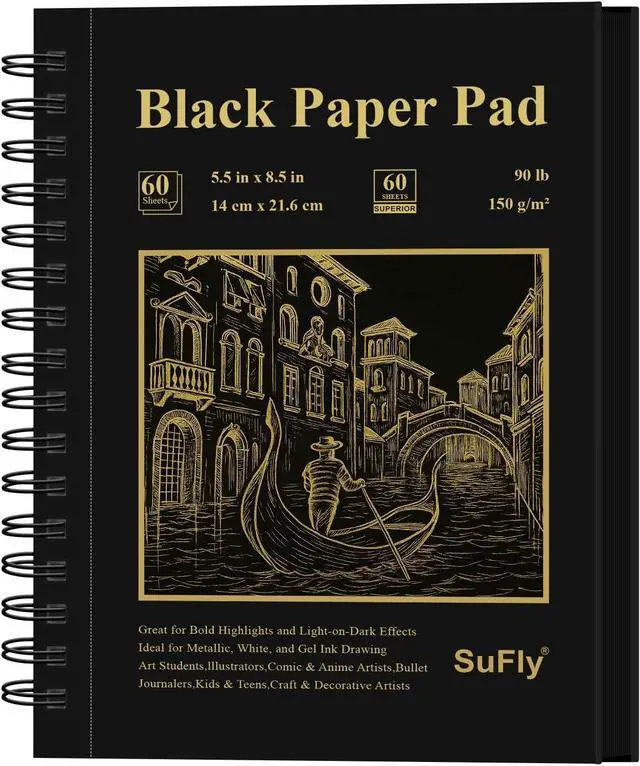 Main image of Black Paper Sketchbook 5.5 x 8.5, 60 Sheets (90lb/150gsm) Artist Papers for Drawing | Black Paper for Colored Pencils & Gel Pens, Artist Supplies, Sketch Books for Teens and Adults.