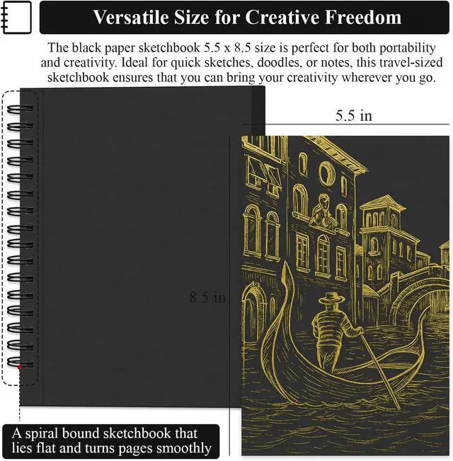 Alt view image 2 of 7 - Black Paper Sketchbook 5.5 x 8.5, 60 Sheets (90lb/150gsm) Artist Papers for Drawing | Black Paper for Colored Pencils & Gel Pens, Artist Supplies, Sketch Books for Teens and Adults.