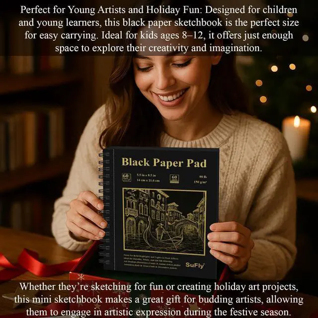 Alt view image 6 of 7 - Black Paper Sketchbook 5.5 x 8.5, 60 Sheets (90lb/150gsm) Artist Papers for Drawing | Black Paper for Colored Pencils & Gel Pens, Artist Supplies, Sketch Books for Teens and Adults.