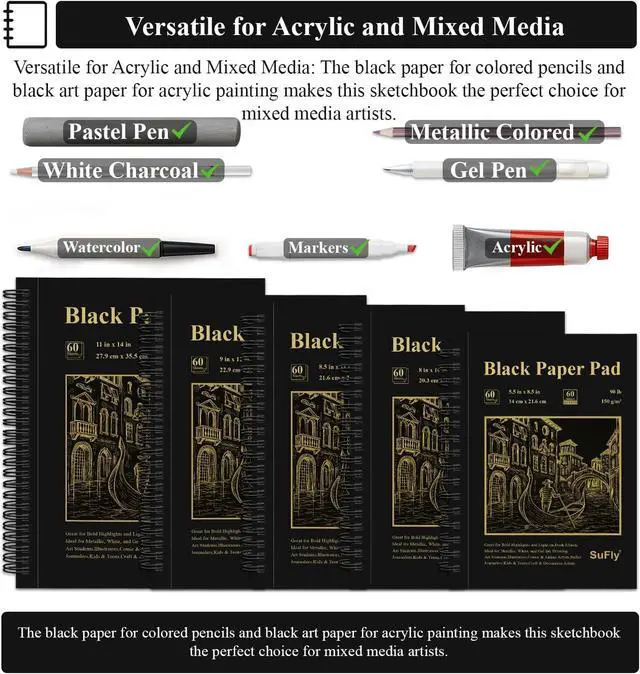 Alt view image 5 of 7 - Black Paper Sketchbook 5.5 x 8.5, 60 Sheets (90lb/150gsm) Artist Papers for Drawing | Black Paper for Colored Pencils & Gel Pens, Artist Supplies, Sketch Books for Teens and Adults.