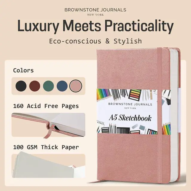 Alt view image 2 of 7 - A5 Sketch Book Hardcover - 80 Sheets 100 GSM Paper | 5" x 8", Lay Flat, Vegan Leather Cover, Elastic Band, Back Pocket, Compact Art Drawing Book for Adults & Students