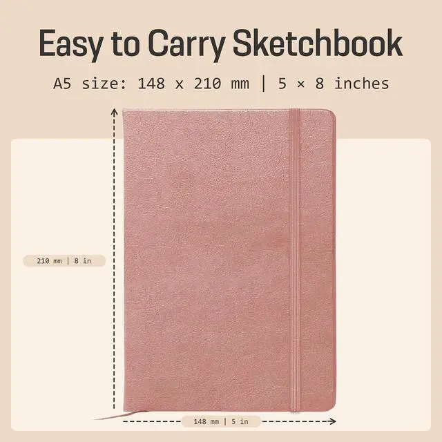 Alt view image 3 of 7 - A5 Sketch Book Hardcover - 80 Sheets 100 GSM Paper | 5" x 8", Lay Flat, Vegan Leather Cover, Elastic Band, Back Pocket, Compact Art Drawing Book for Adults & Students