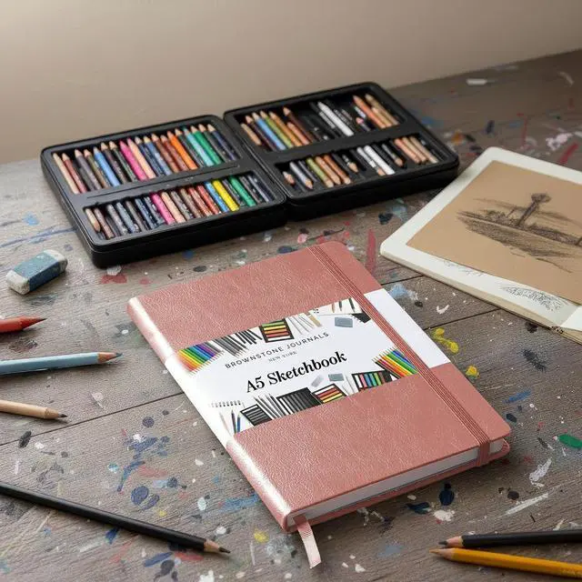 Alt view image 7 of 7 - A5 Sketch Book Hardcover - 80 Sheets 100 GSM Paper | 5" x 8", Lay Flat, Vegan Leather Cover, Elastic Band, Back Pocket, Compact Art Drawing Book for Adults & Students