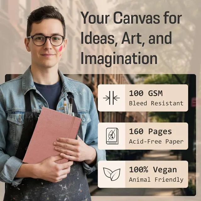 Alt view image 6 of 7 - A5 Sketch Book Hardcover - 80 Sheets 100 GSM Paper | 5" x 8", Lay Flat, Vegan Leather Cover, Elastic Band, Back Pocket, Compact Art Drawing Book for Adults & Students