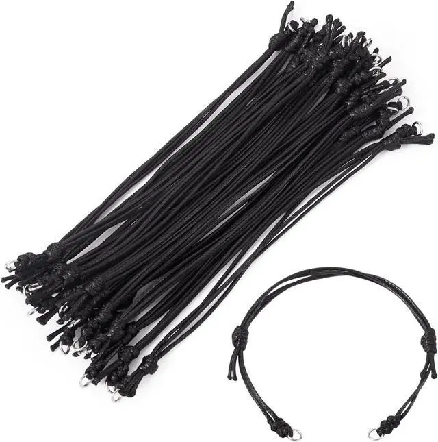 Main image of Beadthoven 20Pcs Black Waxed Cord Bracelets Strings Waterproof Adjustable Polyester Cord Braided Knot Rope Friendship Bracelets with Metal Loops for Jewelry Making DIY Crafts Findings Halloween