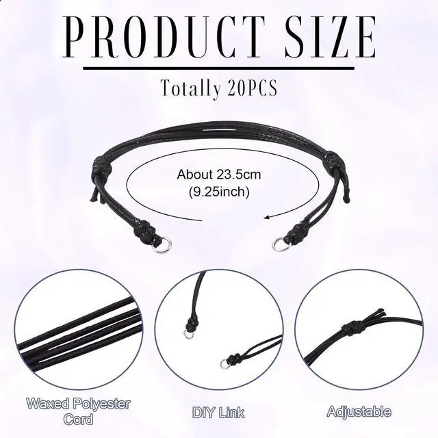 Alt view image 2 of 7 - Beadthoven 20Pcs Black Waxed Cord Bracelets Strings Waterproof Adjustable Polyester Cord Braided Knot Rope Friendship Bracelets with Metal Loops for Jewelry Making DIY Crafts Findings Halloween