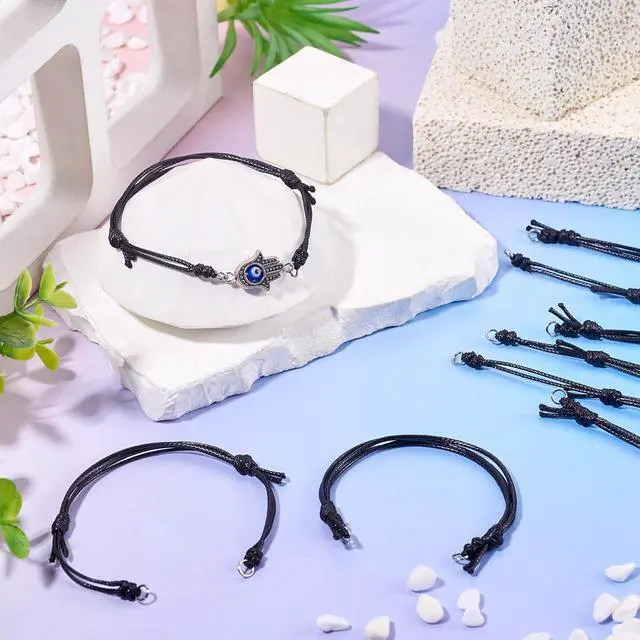 Alt view image 3 of 7 - Beadthoven 20Pcs Black Waxed Cord Bracelets Strings Waterproof Adjustable Polyester Cord Braided Knot Rope Friendship Bracelets with Metal Loops for Jewelry Making DIY Crafts Findings Halloween