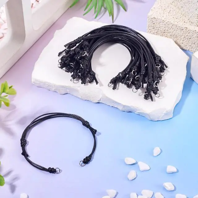 Alt view image 6 of 7 - Beadthoven 20Pcs Black Waxed Cord Bracelets Strings Waterproof Adjustable Polyester Cord Braided Knot Rope Friendship Bracelets with Metal Loops for Jewelry Making DIY Crafts Findings Halloween