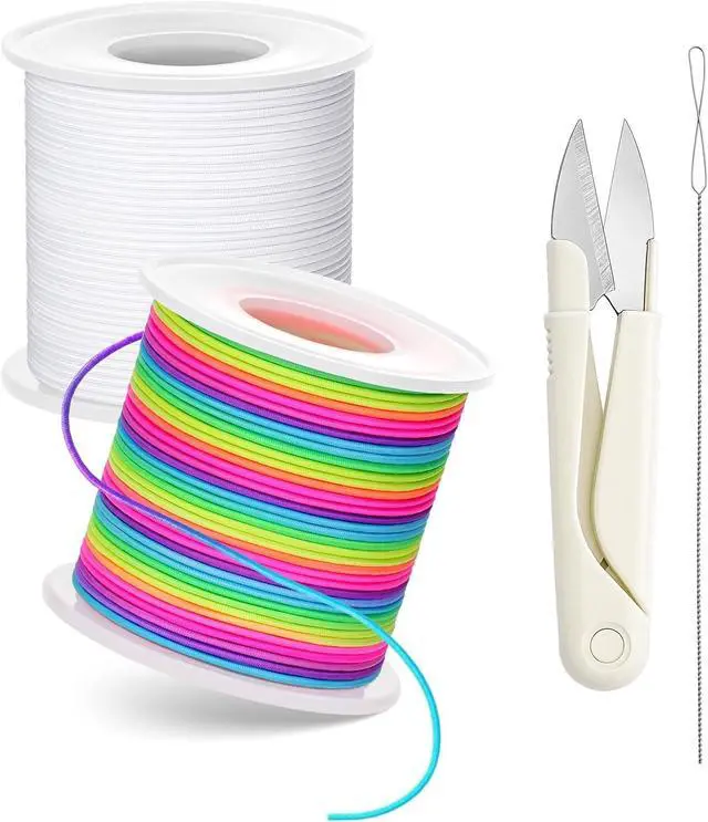 Main image of Stretchy Bracelet String Kit with Scissors & Beading Needle, 2 Rolls Elastic String for DIY Crafts, 1mm Stretchy Cord for Jewelry Making Sewing Necklace Beading, 330FT, (White, Rainbow)