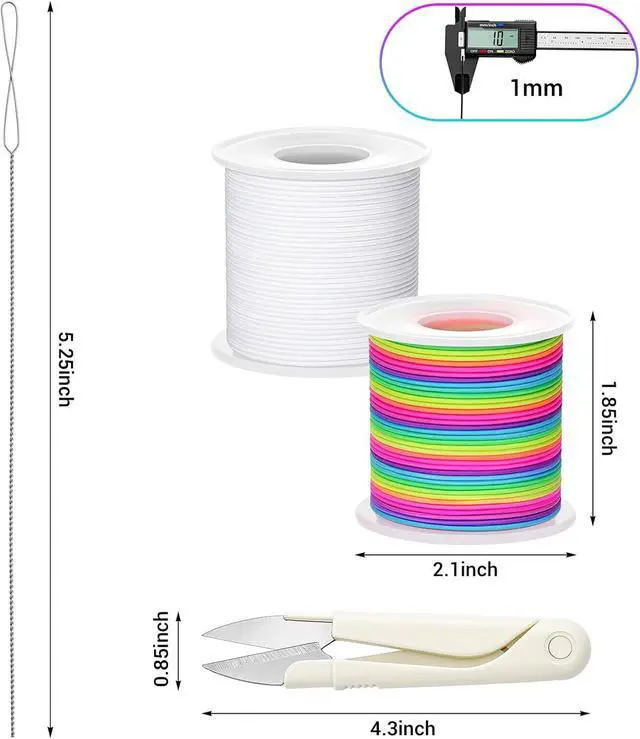 Alt view image 2 of 7 - Stretchy Bracelet String Kit with Scissors & Beading Needle, 2 Rolls Elastic String for DIY Crafts, 1mm Stretchy Cord for Jewelry Making Sewing Necklace Beading, 330FT, (White, Rainbow)