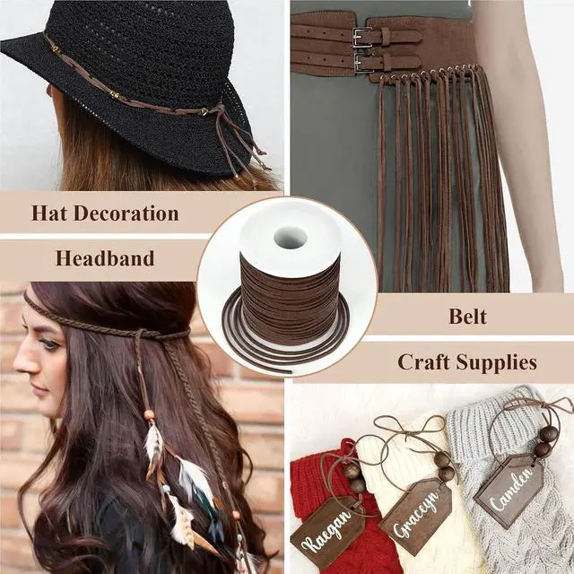 Alt view image 3 of 7 - Flat Leather String Cord, Suede Ribbon for Jewelry Making, Leather Twine for Crafts, Thin Leather Shoe Laces for Boots, Faux Leather Strips for Bracelets, Necklaces (Dark Brown)