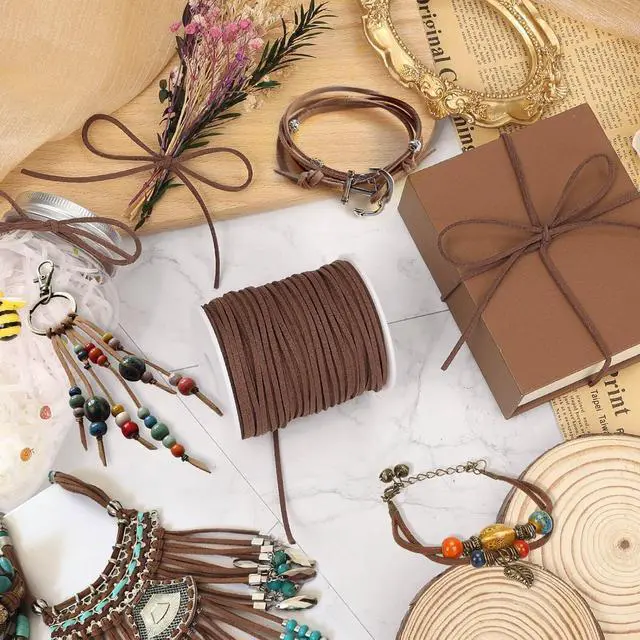 Alt view image 6 of 7 - Flat Leather String Cord, Suede Ribbon for Jewelry Making, Leather Twine for Crafts, Thin Leather Shoe Laces for Boots, Faux Leather Strips for Bracelets, Necklaces (Dark Brown)