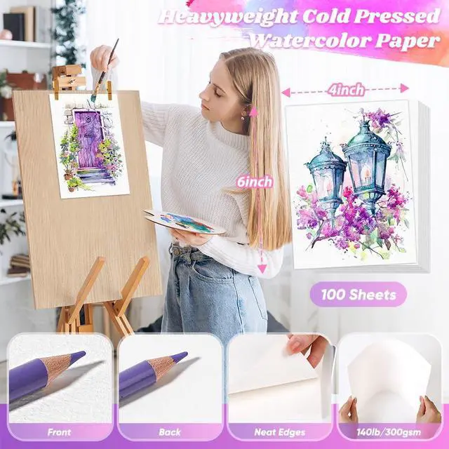 Alt view image 2 of 7 - 100 Sheets Watercolor Paper, 4"x6" Water Color Paper, Loose Drawing Paper | 140 lb/300 gsm White Water Color Paper for Artists Drawing Coloring Sketching Painting,Arts & Crafts Supplies for Kids Adult