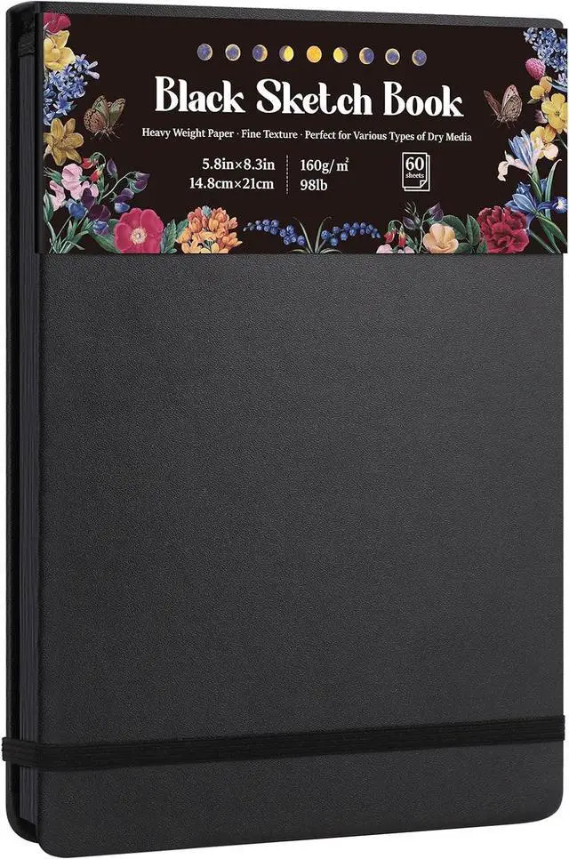 Main image of Black Paper Sketchbook Pad 5.8 × 8.3 in, 50 Sheets, 160gsm, Spiral Bound | Acid-Free Black Paper, Heavyweight 98Lb Sheets, Top Spiral Tear-Off Design, Lay-Flat Sketch Pad for Pencils And Chalk