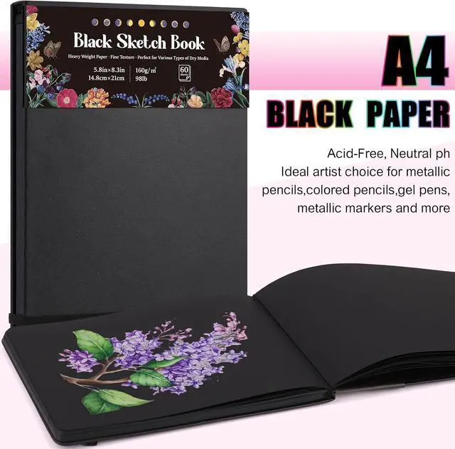 Alt view image 2 of 7 - Black Paper Sketchbook Pad 5.8 × 8.3 in, 50 Sheets, 160gsm, Spiral Bound | Acid-Free Black Paper, Heavyweight 98Lb Sheets, Top Spiral Tear-Off Design, Lay-Flat Sketch Pad for Pencils And Chalk