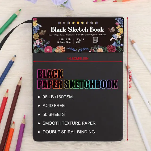 Alt view image 3 of 7 - Black Paper Sketchbook Pad 5.8 × 8.3 in, 50 Sheets, 160gsm, Spiral Bound | Acid-Free Black Paper, Heavyweight 98Lb Sheets, Top Spiral Tear-Off Design, Lay-Flat Sketch Pad for Pencils And Chalk