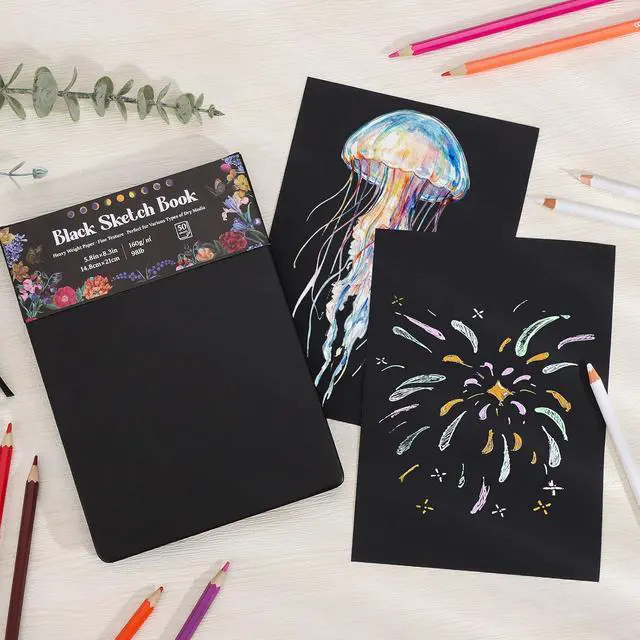 Alt view image 7 of 7 - Black Paper Sketchbook Pad 5.8 × 8.3 in, 50 Sheets, 160gsm, Spiral Bound | Acid-Free Black Paper, Heavyweight 98Lb Sheets, Top Spiral Tear-Off Design, Lay-Flat Sketch Pad for Pencils And Chalk