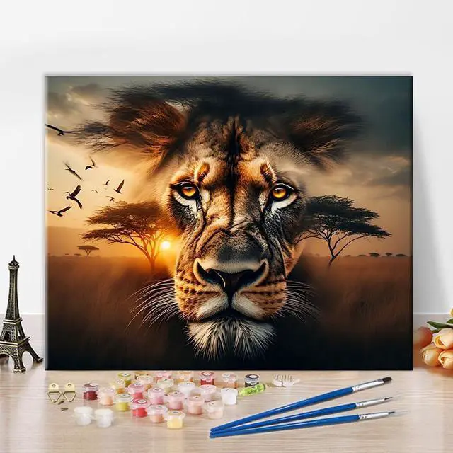 Main image of Adult Paint by Number Kit Lions with an African Savanna Sunset | lion art on 16x20 inch unframed canvas with paints and brushes, proudly display your creation as wall decor.