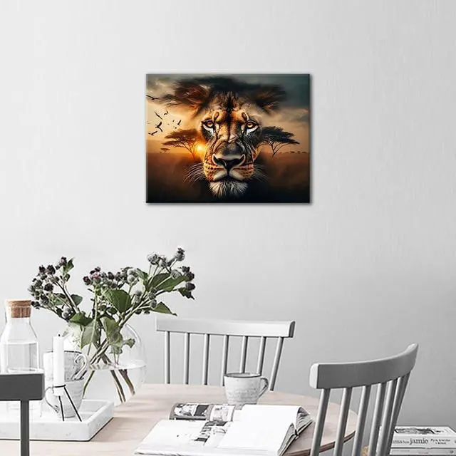 Alt view image 2 of 7 - Adult Paint by Number Kit Lions with an African Savanna Sunset | lion art on 16x20 inch unframed canvas with paints and brushes, proudly display your creation as wall decor.