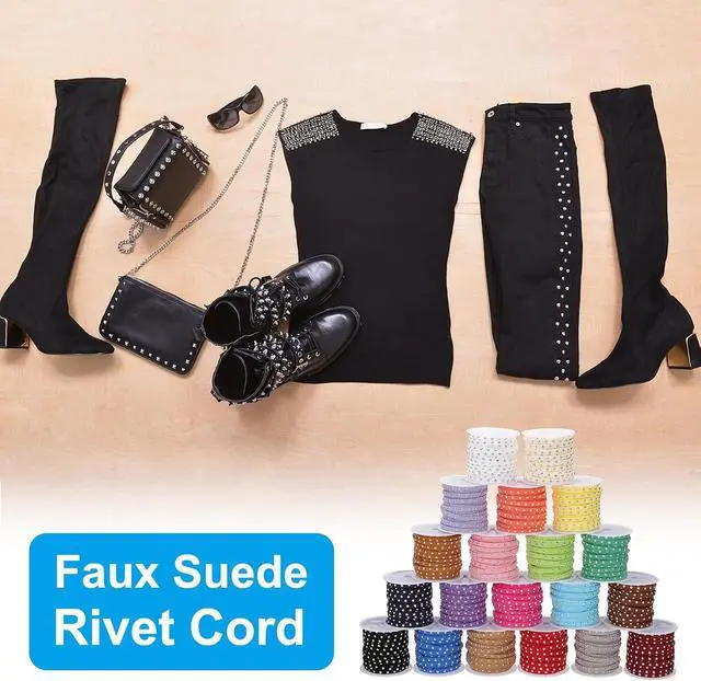 Alt view image 5 of 6 - 32.8ft Studded Faux Suede Cord Rope for Jewelry Making, 5mm Micro Fibre Flat Leather Lace Beading String Ribbon with Rivets, White Silver