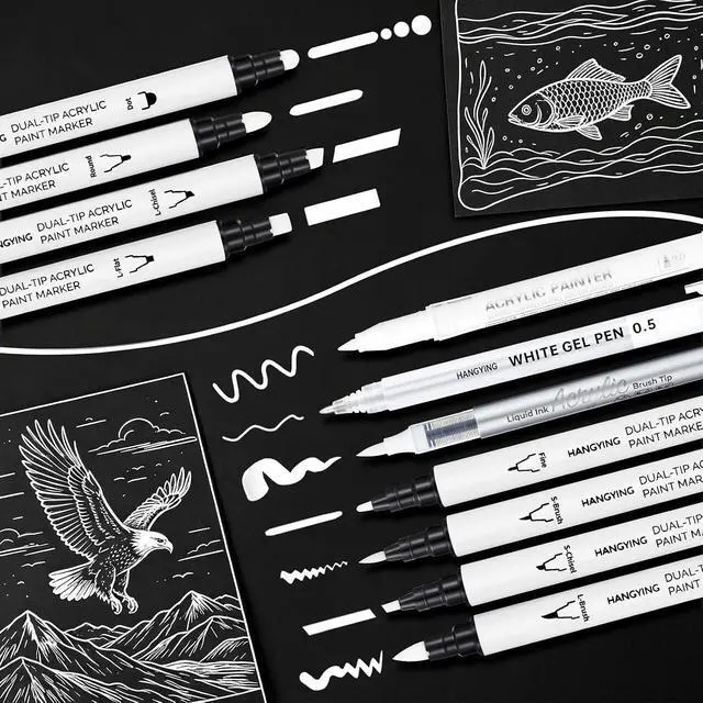 Alt view image 2 of 7 - White Pens Set, Gel Ink Pens, Dual-Tip Acrylic Paint Markers,7PCS | White Acrylic Paint Markers, 0.7mm Fine, 0.5mm Gel Ink Pen, Dual-Tip Acrylic Paint Pen, Black Paper Drawing, Card Making