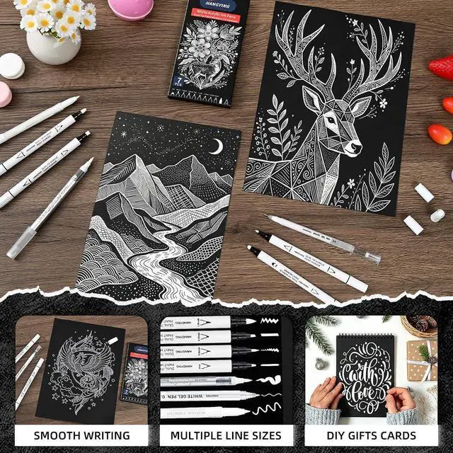 Alt view image 4 of 7 - White Pens Set, Gel Ink Pens, Dual-Tip Acrylic Paint Markers,7PCS | White Acrylic Paint Markers, 0.7mm Fine, 0.5mm Gel Ink Pen, Dual-Tip Acrylic Paint Pen, Black Paper Drawing, Card Making