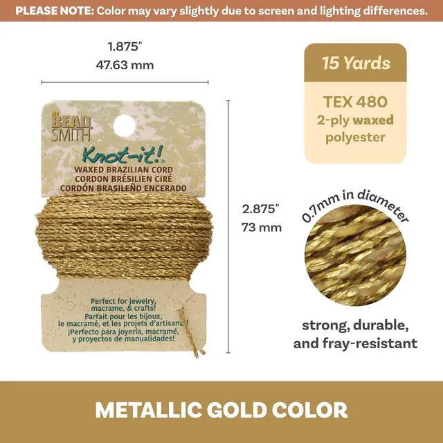 Alt view image 4 of 7 - Waxed Brazilian Cord Metallic Gold, 0.7 mm Diameter, Light Wax, 15 Yards (13.7 m)