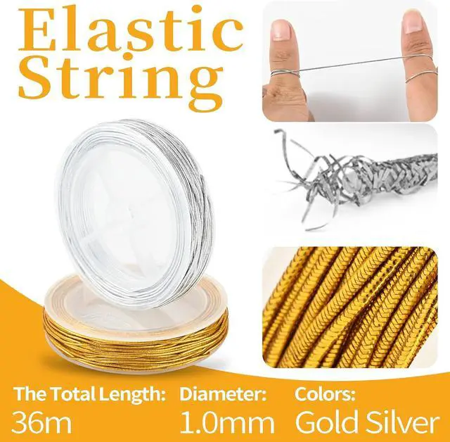 Alt view image 2 of 7 - 2 Rolls Metallic Tinsel Elastic Cord,1mm 118ft Gold Silver Braiding String | Stretchy metallic tinsel string for gift wrapping, jewelry, braids, bracelets, beading & Christmas DIY craft projects