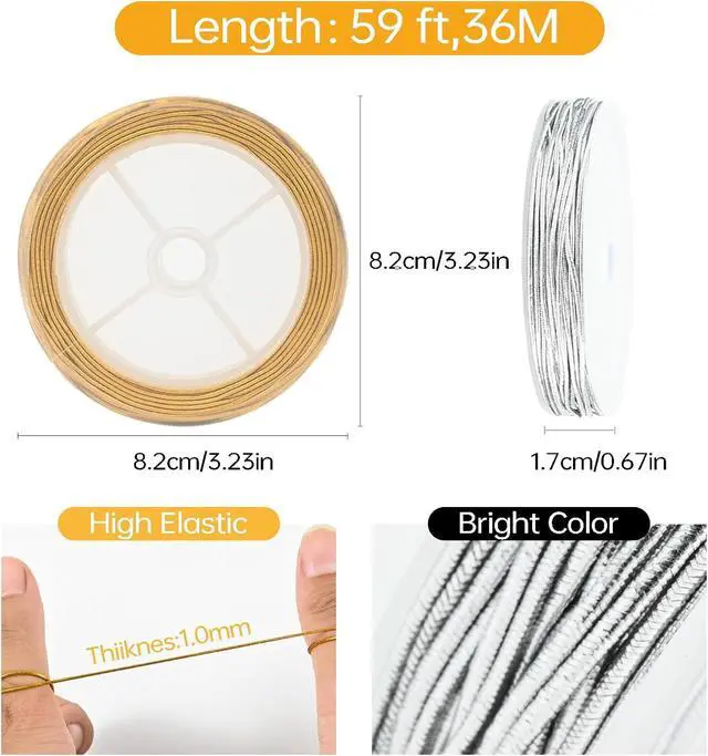 Alt view image 3 of 7 - 2 Rolls Metallic Tinsel Elastic Cord,1mm 118ft Gold Silver Braiding String | Stretchy metallic tinsel string for gift wrapping, jewelry, braids, bracelets, beading & Christmas DIY craft projects