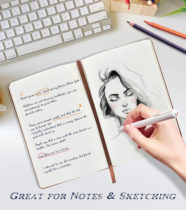 Alt view image 3 of 7 - A5 Hardcover Blank Journal Notebook, Leather Sketchbook for Drawing | 140 Unlined Pages Vintage Notebook, 5.7"×8.3" Travel Diary for Work, School, Art Journal, Daily Writing for Women & Men