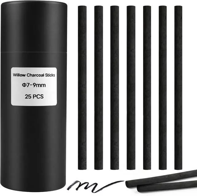 Main image of Willow Charcoal Sticks, Natural Willow Charcoal Pencils for Artists, Beginners, Students, Great for Sketching, Drawing, and Shading, Pack of 25 (7-9, Millimeters)