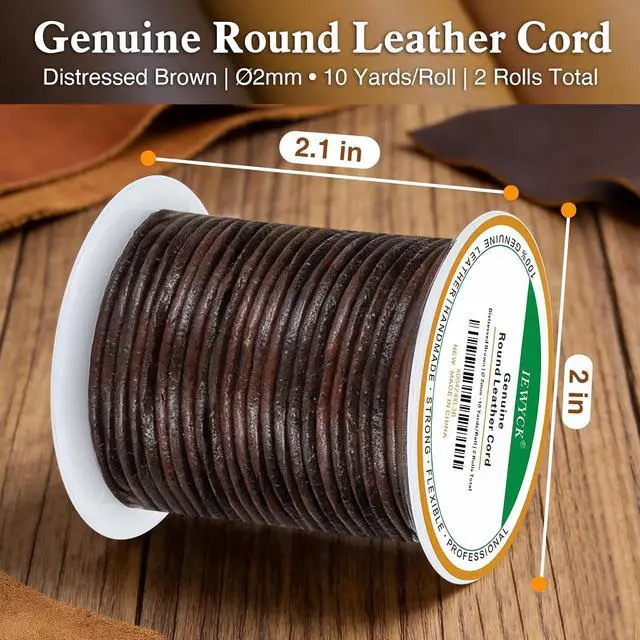 Alt view image 2 of 7 - 2 Rolls 100% Genuine Round Leather Cord for Jewelry Making & Leather Crafting, 2mm Thin Leather String Lace, Real Leather Rope for Crafts, Bracelets, Necklaces, Hanging, Braiding (Distressed Brown)