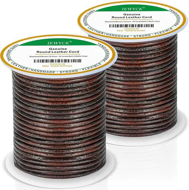 Main image of 2 Rolls 100% Genuine Round Leather Cord for Jewelry Making & Leather Crafting, 2mm Thin Leather String Lace, Real Leather Rope for Crafts, Bracelets, Necklaces, Hanging, Braiding (Distressed Brown)