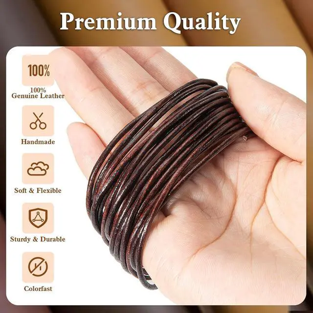 Alt view image 3 of 7 - 2 Rolls 100% Genuine Round Leather Cord for Jewelry Making & Leather Crafting, 2mm Thin Leather String Lace, Real Leather Rope for Crafts, Bracelets, Necklaces, Hanging, Braiding (Distressed Brown)