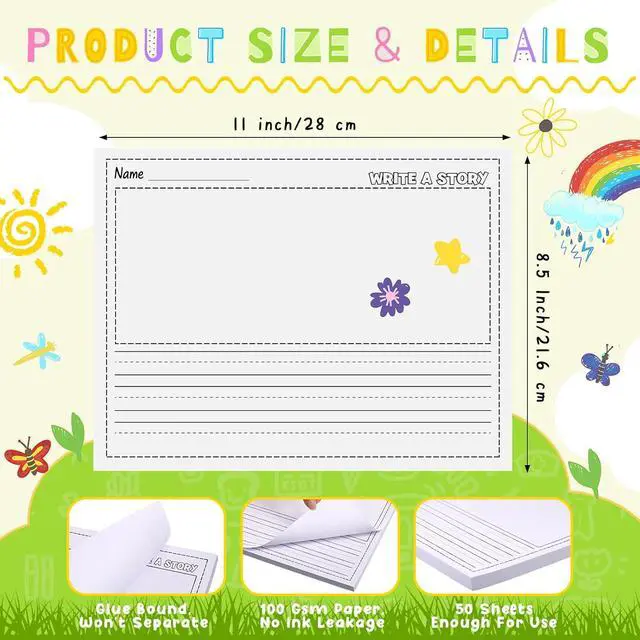 Alt view image 2 of 6 - 50 Sheets Story Writing Paper Bulk Handwriting Practice Paper for Kids Diary with Picture Story Space and Dotted Lines 11x8.5 Primary Composition Notebooks for Kindergarten Toddlers