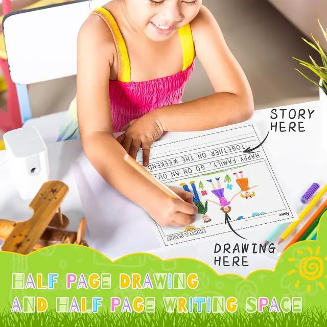 Alt view image 3 of 6 - 50 Sheets Story Writing Paper Bulk Handwriting Practice Paper for Kids Diary with Picture Story Space and Dotted Lines 11x8.5 Primary Composition Notebooks for Kindergarten Toddlers