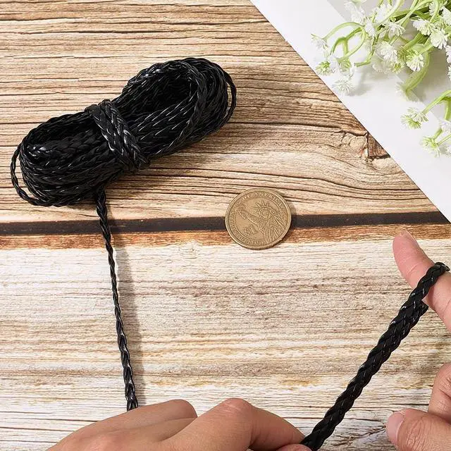 Alt view image 3 of 7 - 5.5 Yard Black Flat Folded Bolo Braided PU Leather Cord 5mm Imitation Leather String Rope with 3 Strands for DIY Braiding Crafts Bracelet Anklets Choker Necklace Jewelry Making Supplies