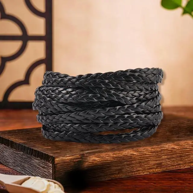 Alt view image 7 of 7 - 5.5 Yard Black Flat Folded Bolo Braided PU Leather Cord 5mm Imitation Leather String Rope with 3 Strands for DIY Braiding Crafts Bracelet Anklets Choker Necklace Jewelry Making Supplies