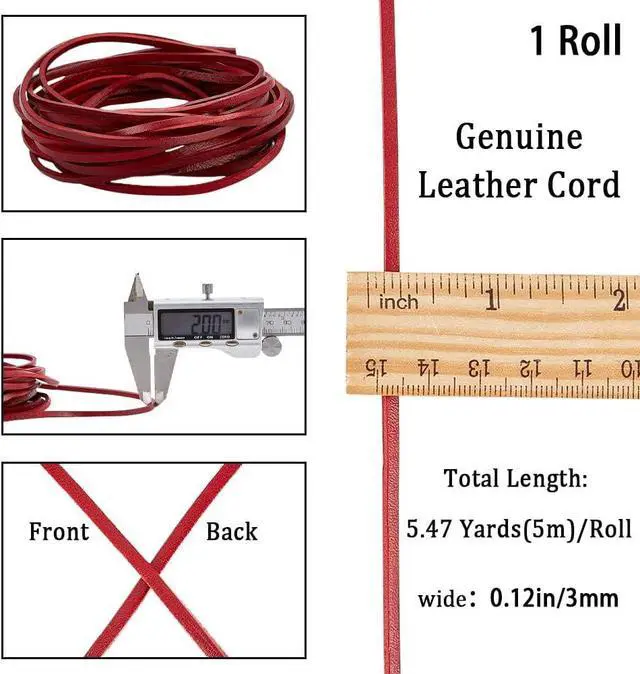 Alt view image 2 of 6 - 5M x 3mm Flat Leather Cord Genuine Leather Strip 2mm Thick Cowhide Leather String Braiding Thread Rope for Bracelets Neckacle Jewellery Making Boot Lace Belts DIY Beading Crafts, Dark Red